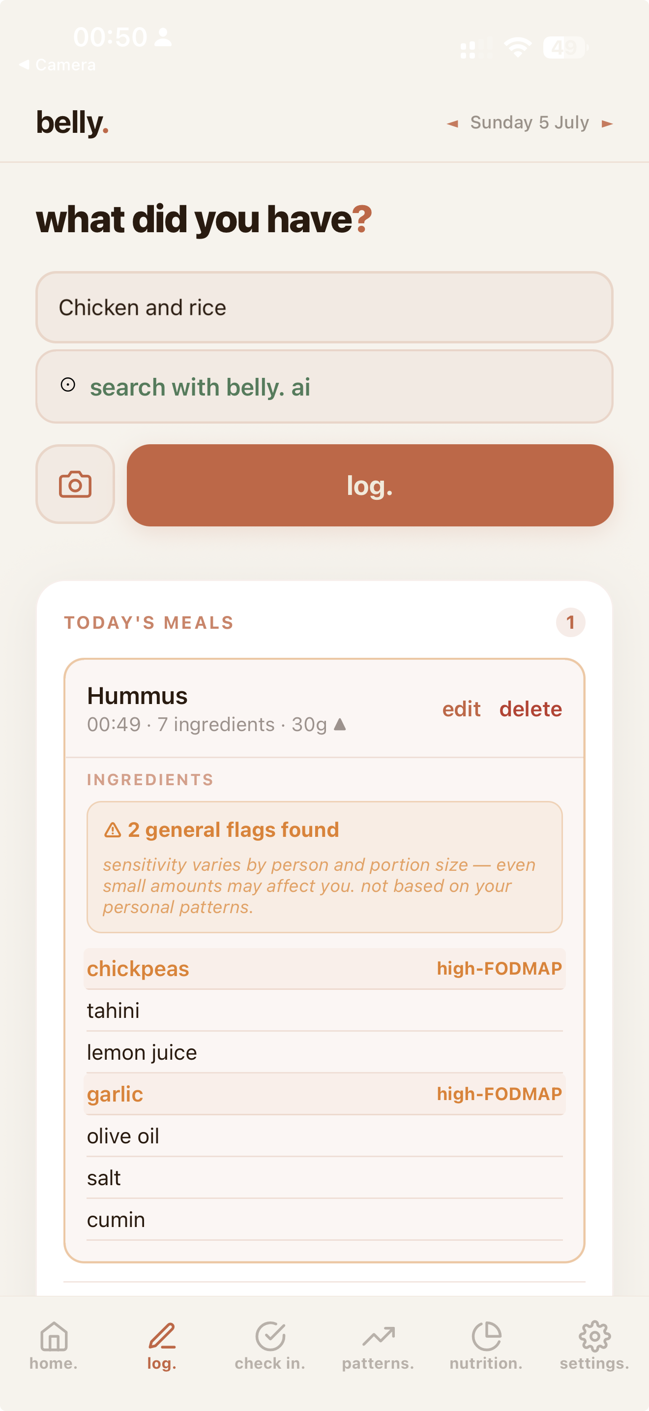 belly app food logging screenshot